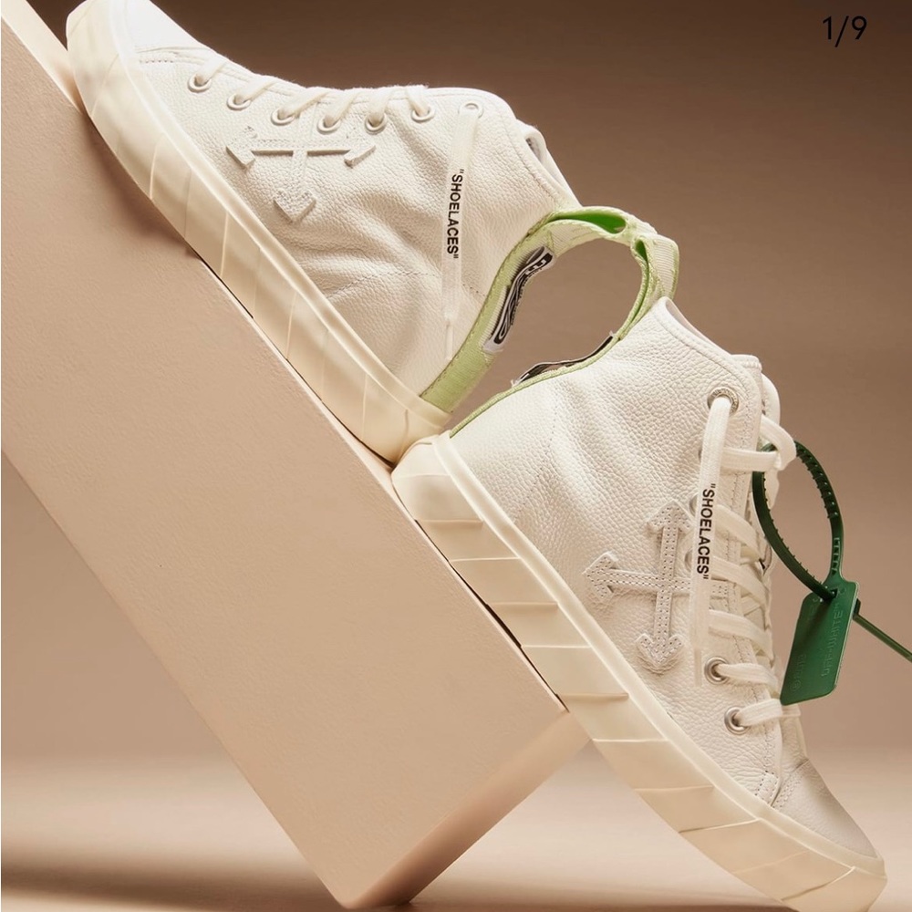 Off- white vulcanized white leather mid-top sneakers